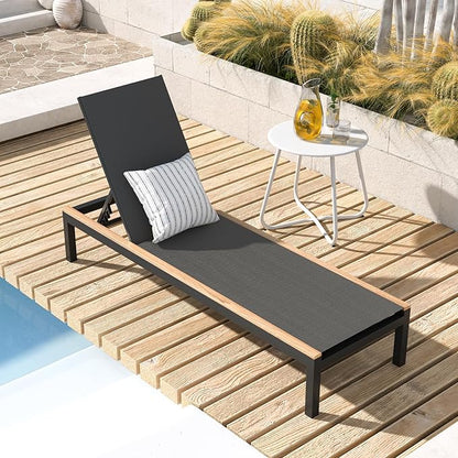 Grand patio Outdoor Chaise Lounge Mesh Sling Lounge Chair with Woodgrain Texture, Portable Wheels 4 Adjustable Reclining Backrest Positions for Beach Poolside, Black