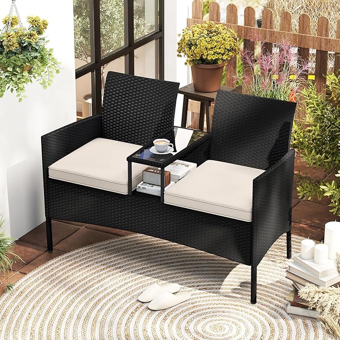 HAPPYGRILL Outdoor Rattan Loveseat, 2-Seat Patio Conversation Set with Built-in Coffee Table, Cushions, Wicker Bench Furniture for Backyard, Garden, Balcony, Porch (Beige)