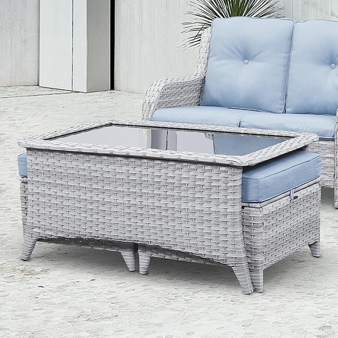 Belord Outdoor Coffee Table with Tempered Glass Top, Patio Rectangular Light Grey Wicker Table - Photo 2