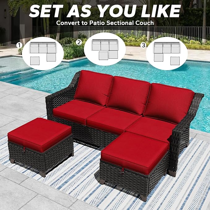 3 Pieces Outdoor Conversation Furniture Set - 77" Patio Sofa, 2 Rattan Wicker Ottomans - Photo 4