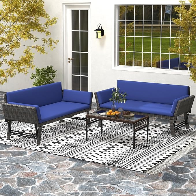 Tangkula Outdoor Convertible Sofa Daybed with Adjustable Armrests, PE Rattan Patio Couch Furniture with Thick Cushions - Photo 4