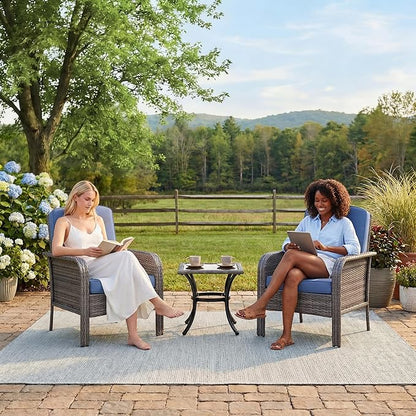 GarveeHome Outdoor Wicker Chairs Set of 2, All-Weather High Back Rattan Patio Furniture, 2-Piece Conversation Set with Comfy Cushions for Porch, Deck (Gray, Blue Cushion)