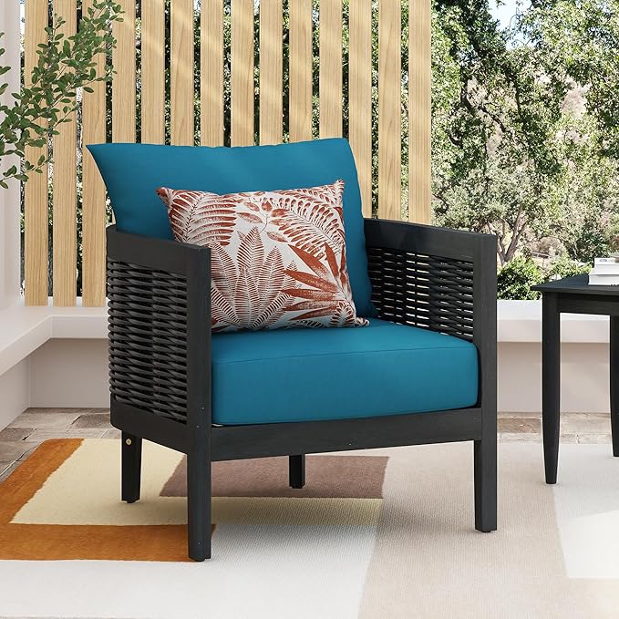 Merax Single Outdoor Acacia Wood Wicker Club Chair with Cushion,Patio Furniture Conversation Seat for Backyard Garden