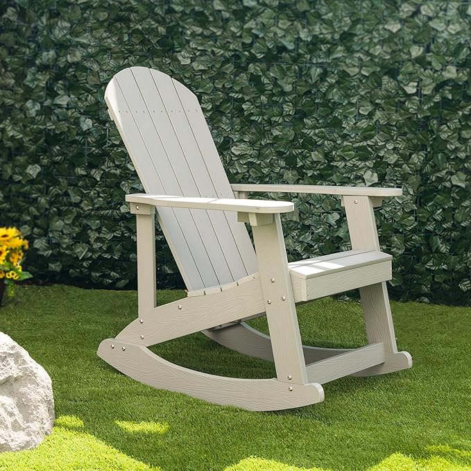 Alpine Corporation 39" H Outdoor Adirondack Rocking Chair with Classic Ergonomic Design Patio Seating Furniture and Accessories, Light Gray