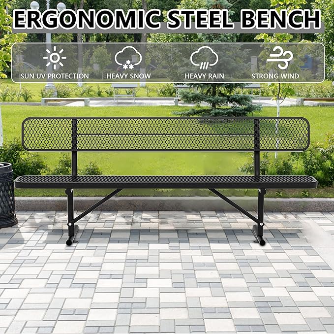 96" Metal Park Benches for Outside - Black Outdoor Benches Heavy Duty Garden Weatherproof Bench with Backrest, Buddy Bench for Schools,Commercial Benches for Shopping Mall, Store, Yard, Patio