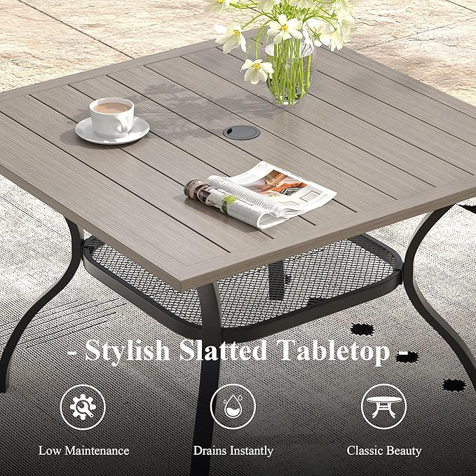 Outdoor Dining Table with Adjustable Umbrella Hole, 37.8" All-Weather Square Patio Dining Table for 4, Metal Patio Table for Garden Lawn Porch Deck Yard, Grey