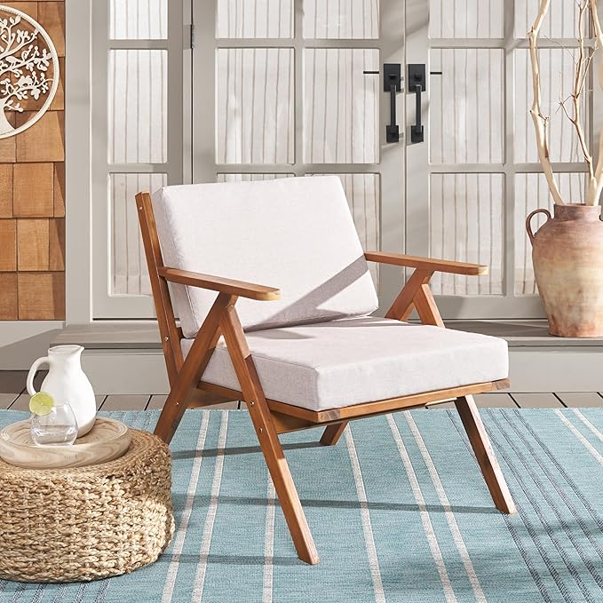 SAFAVIEH Outdoor Collection Dryad Mid-Century Modern Natural/Light Grey Solid Wood Chair with Cushion, Ideal for Deck, Patio, Backyard, Sunroom