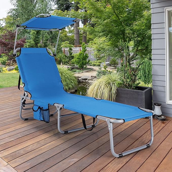GYMAX Beach Chair with Canopy Shade, Folding Tanning Lounge with Adjustable Backrest, Carry Handle & Side Pocket - Photo 8