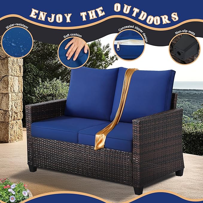 Outdoor Loveseat, All-Weather Patio Deep Seat 2-Seater Rattan Sofa with Water Resistant Cushions for Balcony, Backyard - Photo 6
