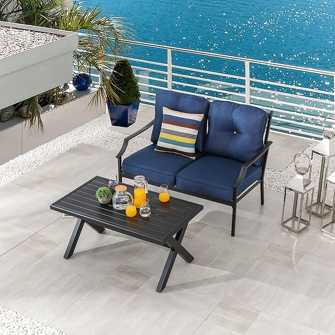 LOKATSE HOME Outdoor Loveseat and Coffee Table Metal Conversation Set Patio Furniture with Cushions for Poolside - Photo 6
