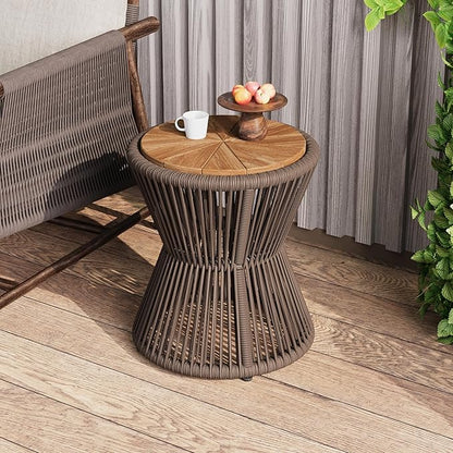 Christopher Knight Home Nara 18.9" Acacia Wood Outdoor Side Table, Hourglass Shaped with Metal Frame+Woven Rope, Outdoor Coffee Table, Garden Plant Stand Indoor, No Assembly Needed, Dark Grey+Teak