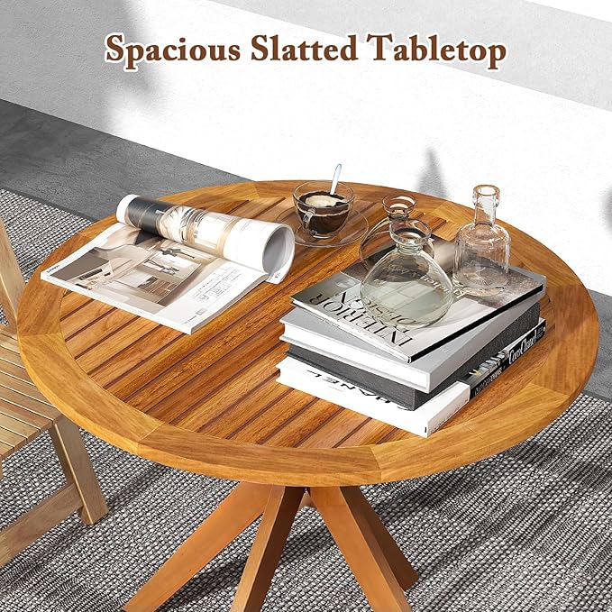 Tangkula Round Bistro Table, Indoor Outdoor Coffee Table w/Solid Structure, Slatted Tabletop, Stable Legs, 35.5” Wood Dining Table for Patio, Garden, Poolside, Backyard, Easy Assembly, Natural
