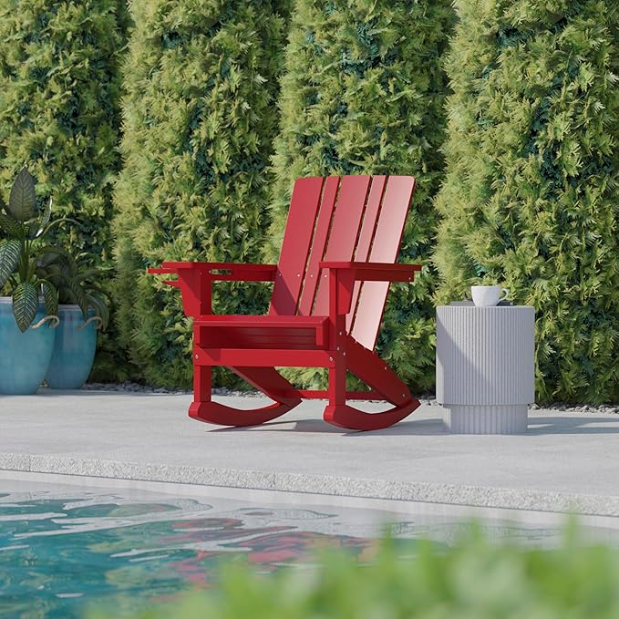 Flash Furniture Halifax Adirondack Rocking Chair with Cup Holder, Weather Resistant Poly Resin Adirondack Rocking Chair, Red