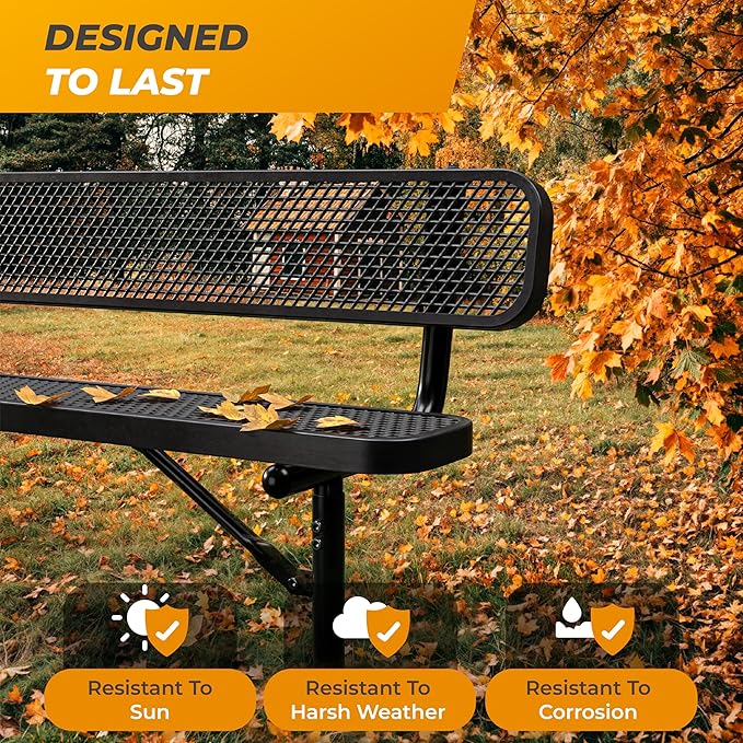 Heavy-Duty Outdoor Metal Bench, Thermoplastic-Coated, Inground, Weatherproof, Commercial-Grade for Parks, Gardens, Patios, Stores & More (4 Ft - Inground with Back, Black)