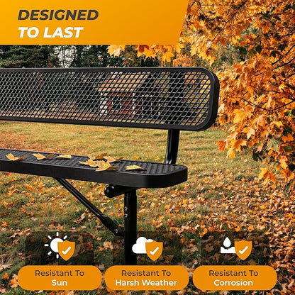 Heavy-Duty Outdoor Metal Bench, Thermoplastic-Coated, Inground, Weatherproof, Commercial-Grade for Parks, Gardens, Patios, Stores & More (4 Ft - Inground with Back, Black)
