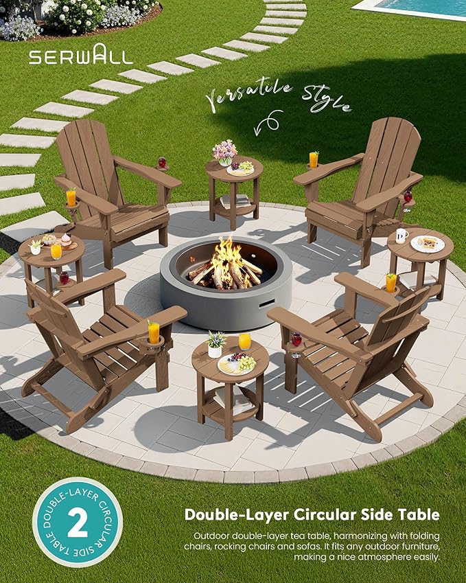 SERWALL Round Adirondack Side Table, 16.5" Double Outdoor Side Table, HDPE Small End Tables for Backyard Pool Porch Garden Lawn, Brown
