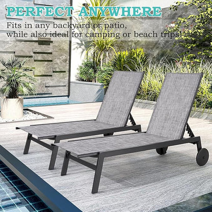 EROMMY Patio Chaise Lounge Chair Set of 2 with Table, Waterproof Outdoor Poolside Recliners with Adjustable Backrest & Wheels