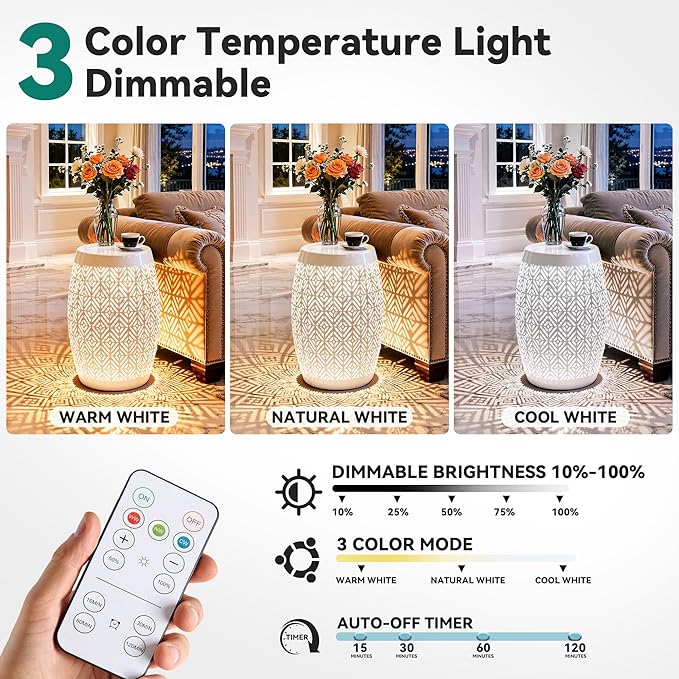 18" Cutout Metal Outdoor Side Table with 3-Mode LED Lights, Modern Decorative Drum End Table - Photo 6
