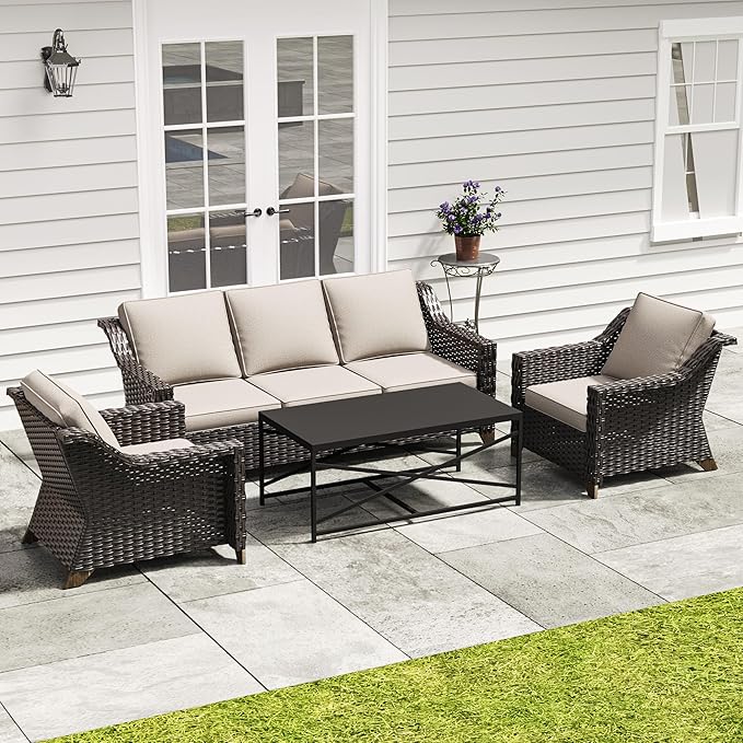 4 Pieces Outdoor Conversation Furniture Set - 77" Patio Sofa, 2 Wicker Armchairs, 1 Metal Coffee Table - Photo 1