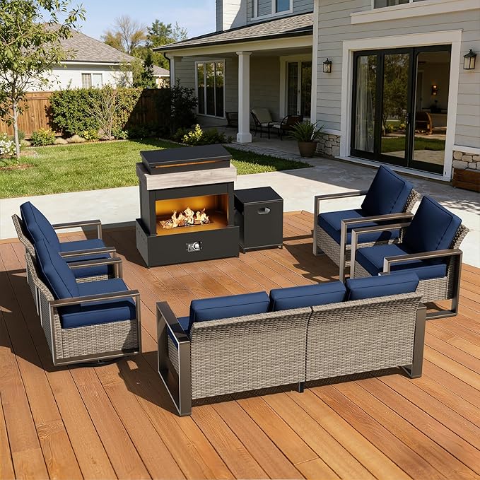 6 Pieces Wicker Patio 75" Sofa Set with 2 Armchairs, 2 Swivel Chairs, Fireplace - Photo 1