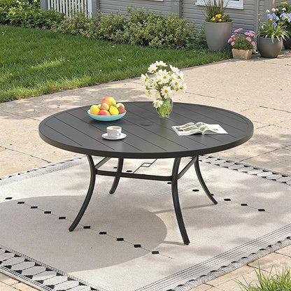 Outdoor Dining Table for 6, 50" Round Outdoor Table with Adjustable Umbrella Hole, All-Weather Metal Patio Dining Table for Lawn Garden Backyard Deck, Black