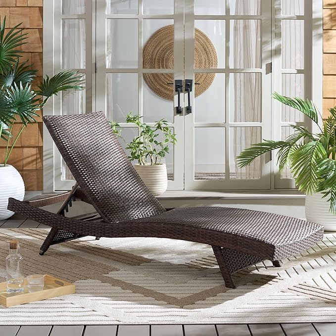 SAFAVIEH Outdoor Patio Furniture Collection – Alex Brown & Taupe Quick Dry Foam Lounger, Adjustable Outdoor Chaise, Modern Curved Design (PAT7545B)