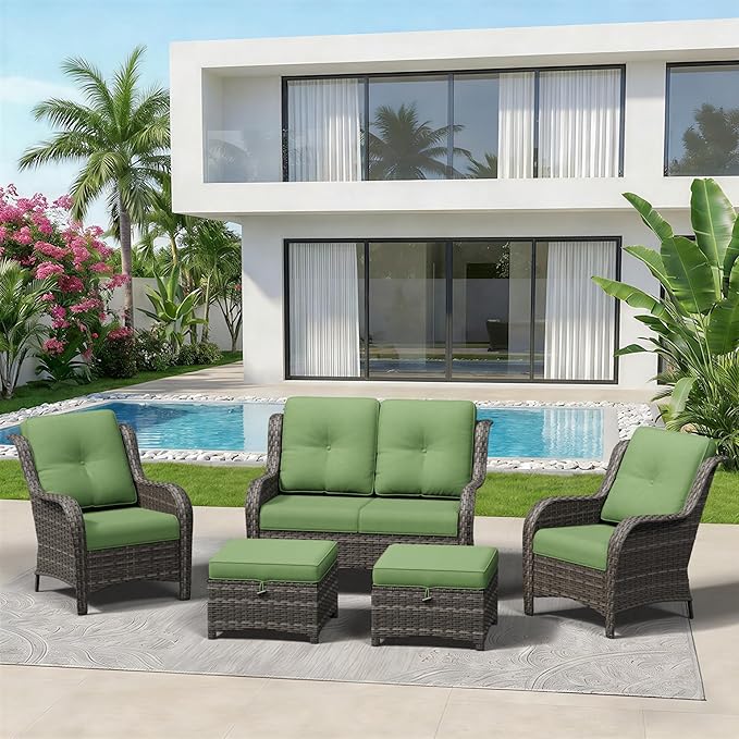 5 Piece Outdoor Wicker Patio Furniture Set, Patio Chairs Set with Thickened Olefin Cushions, High Back and Deep Seating - Photo 9