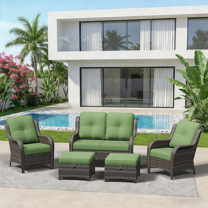 5 Piece Outdoor Wicker Patio Furniture Set, Patio Chairs Set with Thickened Olefin Cushions, High Back and Deep Seating, Hand-Woven PE Rattan, Ottoman for Porch, Deck
