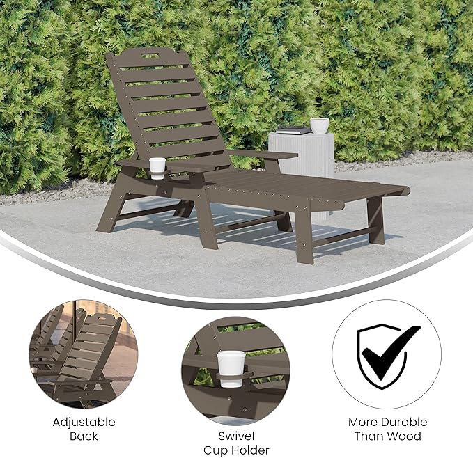 Flash Furniture Monterey Adjustable Adirondack Lounger with Cup Holder- All-Weather Indoor/Outdoor HDPE Lounge Chair, Brown