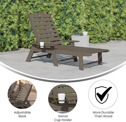 Flash Furniture Monterey Adjustable Adirondack Lounger with Cup Holder- All-Weather Indoor/Outdoor HDPE Lounge Chair, Brown