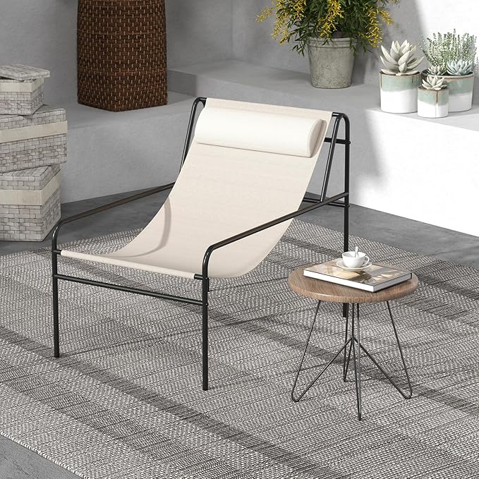 Tangkula Patio Sling Lounge Chair, Modern Sling Accent Chair w/Removable Headrest Pillow, Heavy-Duty Metal Frame, Breathable Seat Fabric, Leisure Chair for Indoor Outdoor, 350 lbs Max Load (2)
