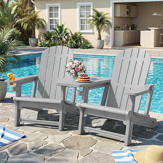 JY QAQA Outdoor Adirondack Chair Set of 2, All-Weather HDPE Patio Furniture with Detachable Table, Wood Texture & Cup Holder for Patio, Poolside, Garden, Light Grey