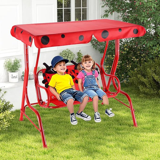 KOTEK Kids Patio Swing, 2-Seater Outdoor Hanging Bench with Adjustable Canopy, Safety Belt & Curved Armrest, Kids Swing Chair with Stand for Backyard, Garden, Lawn, Porch (Red Ladybug)