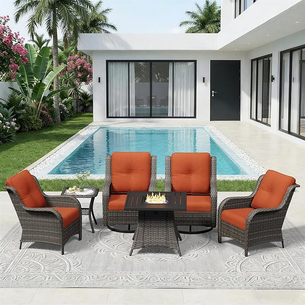 6 Pieces Outdoor Wicker Patio Furniture Set with Fire Pit Table, Patio Chair Set with Thickened Olefin Cushions - Photo 1
