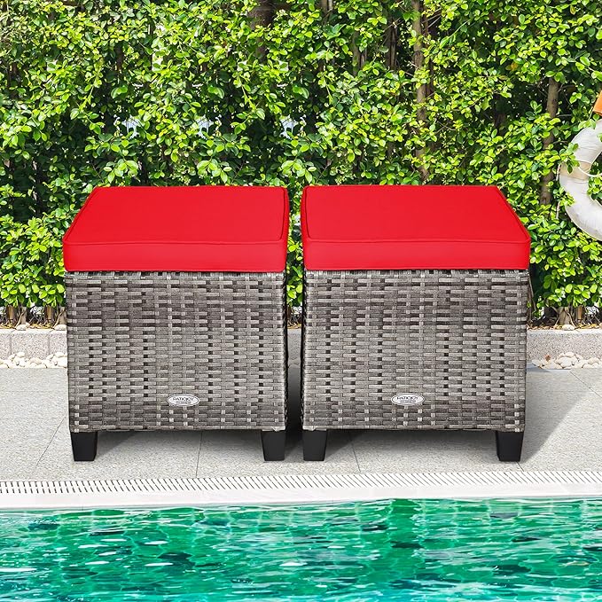 Tangkula 2 Pieces Patio Rattan Ottomans, Outdoor Wicker Footstool Footrest Seat with Soft Cushions and Steel Frame - Photo 4
