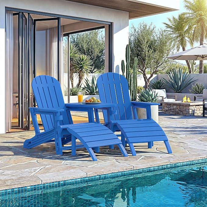 Vongrasig Adirondack Chairs Set of 2 with Removable Tabletop and Footrest, All-Weather HDPE Outdoor Chair Set with Wooden Textured, Cup Holder for Patio, Poolside, Deck, Garden, Light Blue
