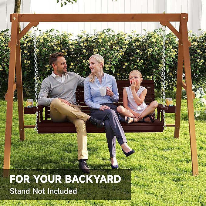 Real Relax Front Porch Swing, Wooden Upgraded 3 Person Seat Bench Swing Hanging Chair with Cup Holders - Photo 7