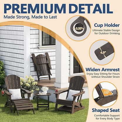 Folding Adirondack Chair Set of 2 with Cup Holder, HDPE All Weather Resistant Plastic Outdoor Patio Chairs, Heavy Duty Fire Pit Seating for Backyard Lawn Garden, Wooden Textured Design(Coffee)