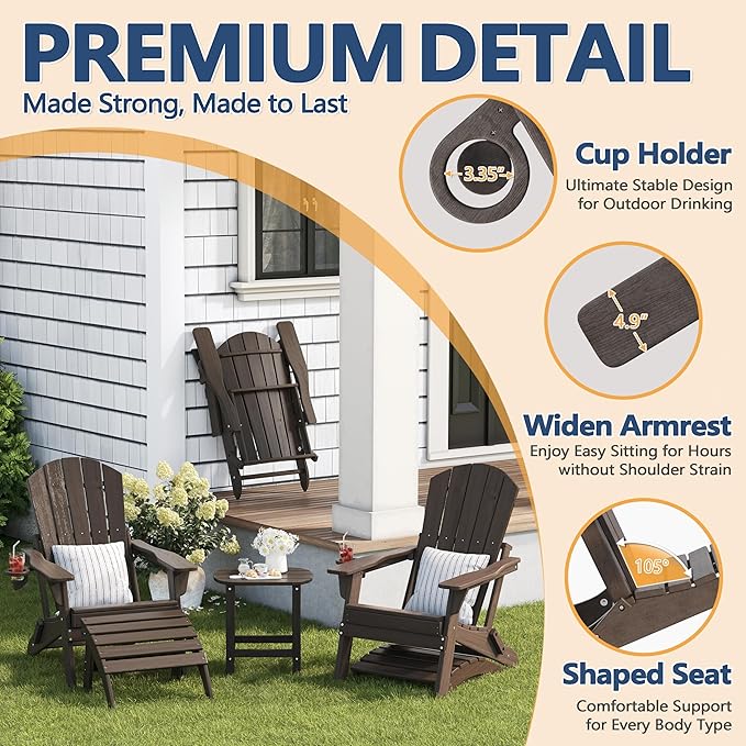 Folding Adirondack Chair Set of 2 with Cup Holder, HDPE All Weather Resistant Plastic Outdoor Patio Chairs, Heavy Duty Fire Pit Seating for Backyard Lawn Garden, Wooden Textured Design(Coffee)