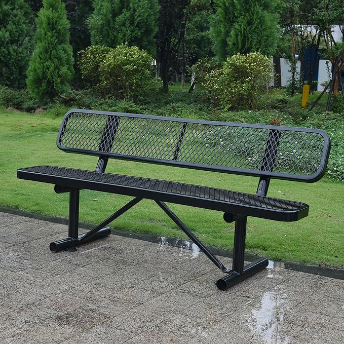 6FT Outdoor Metal Bench with Backrest, Commercial Park Bench Garden Patio Sitting Bench for 2-4 People, Heavy-Duty Steel Benches,Weather Resistant , for Garden, School, Waiting Area, Backyard,Porch