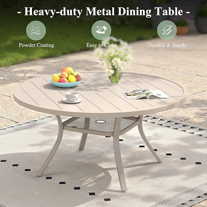 47.2" Patio Dining Table for 6, Round Outdoor Metal Dining Table with Umbrella Hole for Lawn Garden Backyard, Sandshell - Photo 7