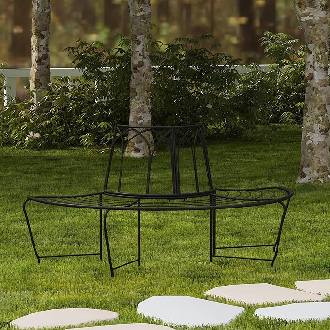 SAFAVIEH Outdoor Collection Abia Victorian Antique Black Semicircle Tree Bench - Photo 10