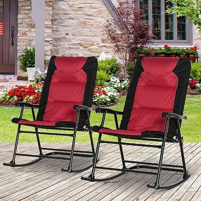 Outsunny Oversized Folding Rocking Camping Chair Set of 2, Padded Outdoor Rockers with High Back and Armrests, Portable Outdoor Patio Chairs with Steel Frame for Garden, Porch, Lawn, Red