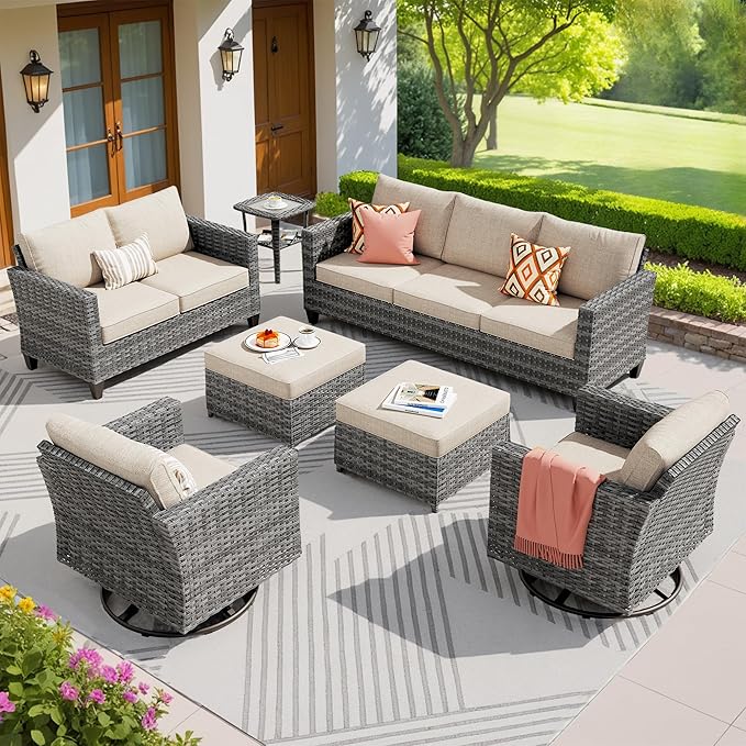 ovios Patio Furniture Set, 7 Pieces Outdoor Wicker Sofa Couch with Swivel Rocking Chairs Loveseat Comfy Cushions Rattan - Photo 1