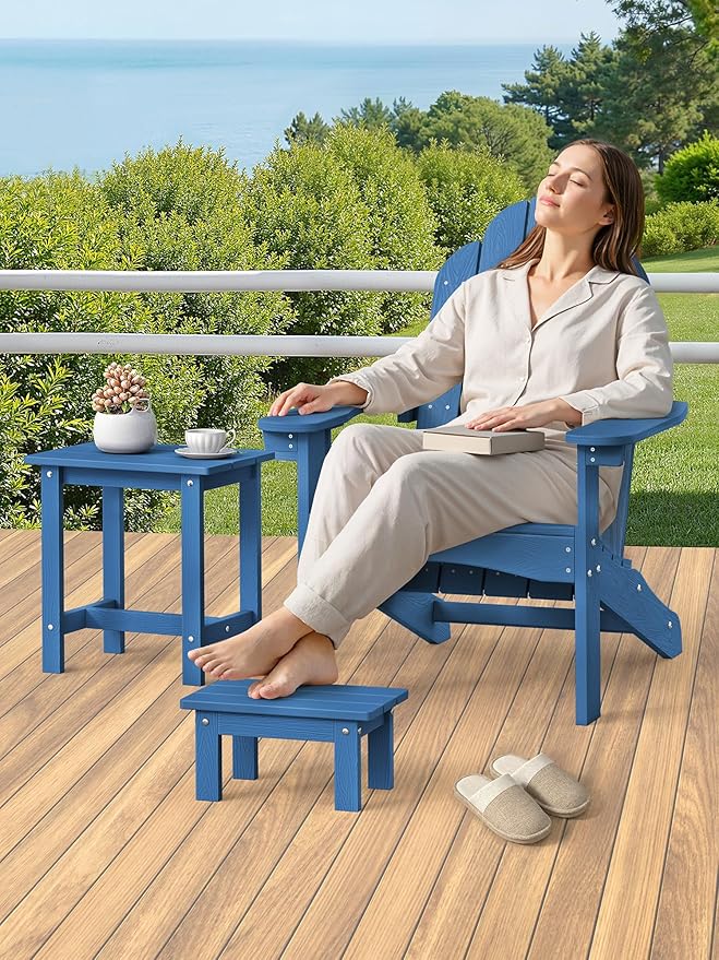 LUE BONA Outdoor Side Table, 2-Tier HDPS Outdoor Nesting End Table with Removable Small Foot Stool for Patio, Deck, Poolside, Low Maintenance & Weather Resistant, Navy