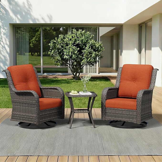 3 Piece Outdoor Wicker Patio Furniture Set, Swivel Rocker Patio Chairs Set with Thickened Olefin Cushions, High Back and Deep Seating, Hand-Woven PE Rattan for Porch, Deck