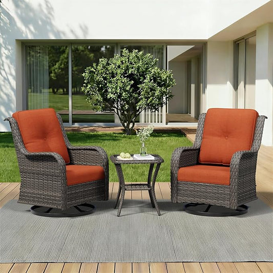 3 Piece Outdoor Wicker Patio Furniture Set, Swivel Rocker Patio Chairs Set with Thickened Olefin Cushions, High Back and Deep Seating, Hand-Woven PE Rattan for Porch, Deck