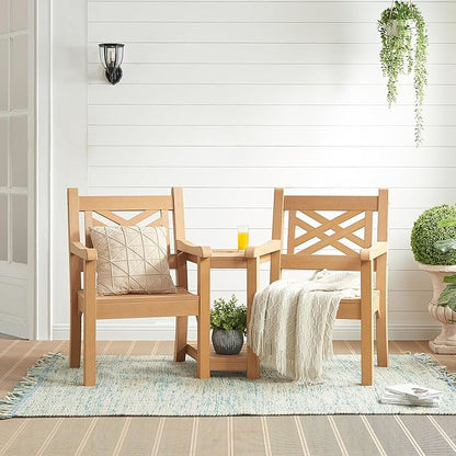 Psilvam Patio Furniture, All-Weather Poly Lumber Outdoor Loveseat, 2-Seater Outdoor Chair with Center Table & Umbrella Hole, Waterproof Accent Chairs Suitable for Lawn, Garden, Terrace (Teak Color)