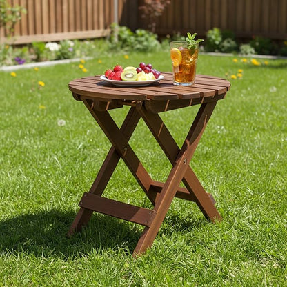 Shine Company Round Wooden Folding Solid Wood Side Table, Outdoor Adirondack Small Patio Table, Oak