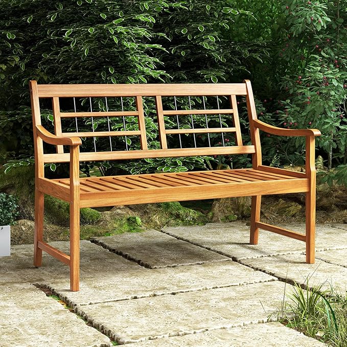 Tangkula Patio Acacia Wood Bench, Wooden 2-Person Outside Chair w/Curved Armrests, Slatted Seat & Backrest, Outdoor Loveseat for Backyard, Balcony, Garden, 800 lbs Max Load